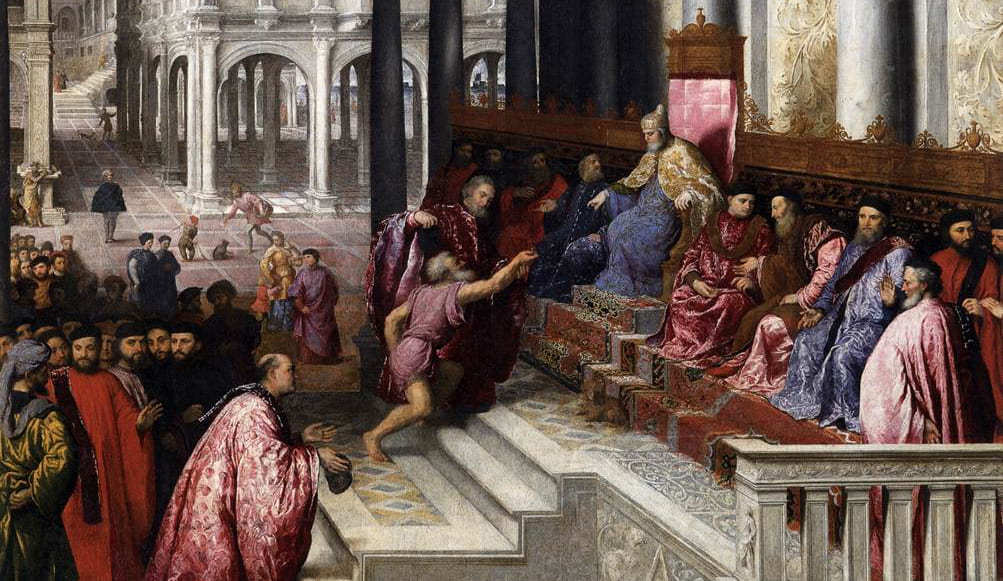 Painting of elite people in pink and blue robes; one man climbs up a short staircase, reaching towards a man in a throne. 