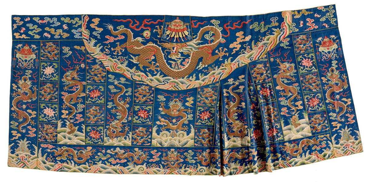 Rectangular blue robe with look of patchwork and design of dragons, bats, canopy and peonies