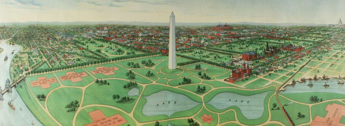 Print of a version of Washington, D.C. viewing the Washington Monument and the National Mall with added lakes and plots of land marked by red crosses