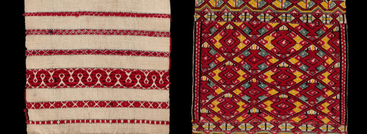 Two strips of cloth, the left one embellished with red, horizontal stripes and the right one woven in a geometric pattern