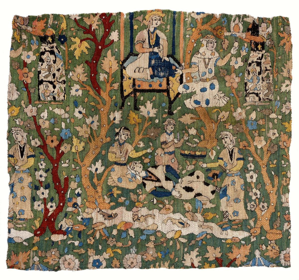 Almost square textile fragment with a green background and details of various figures in garden scenes