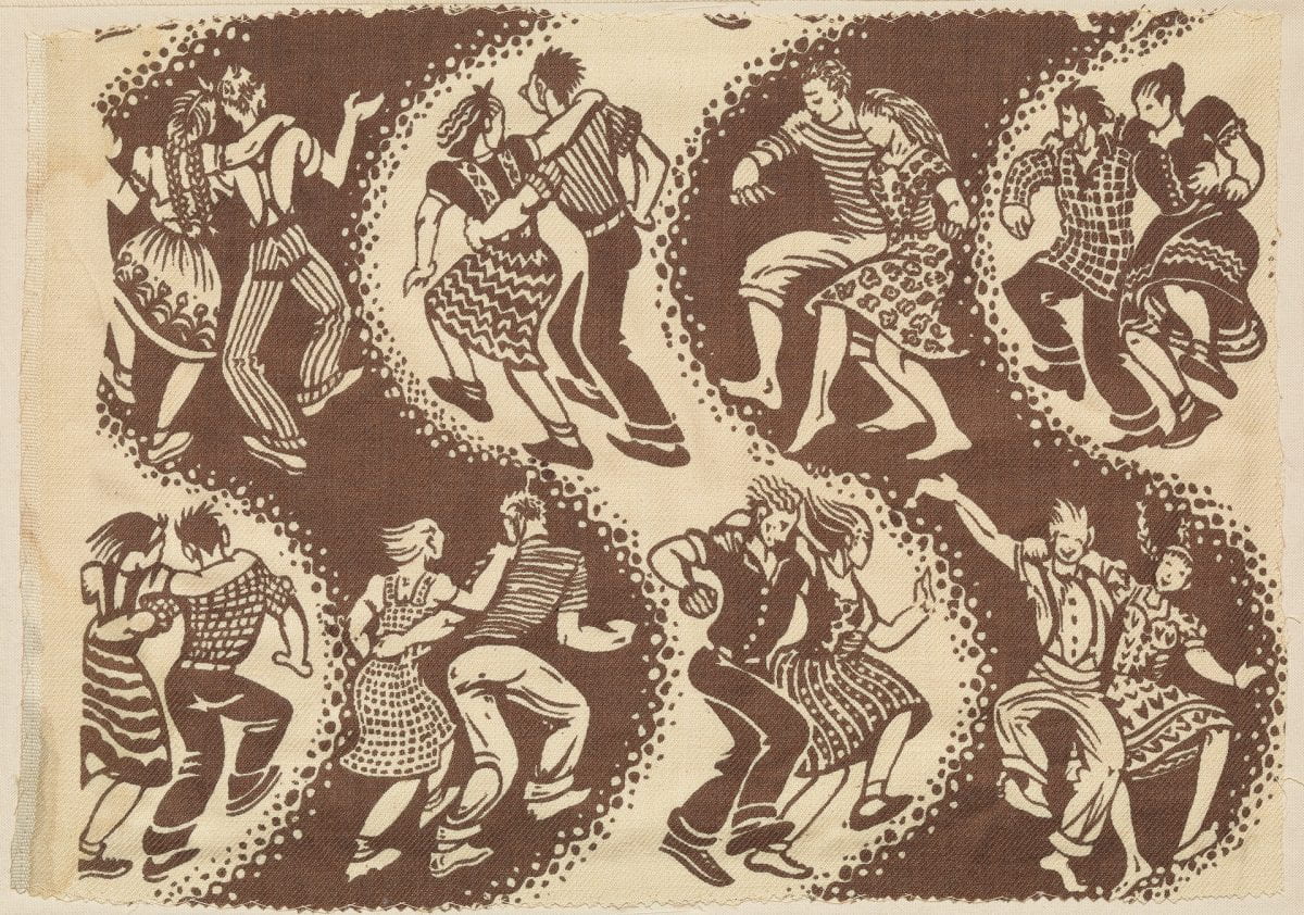A printed cotton furnishing fragment, depicting dancing couples in four s-curve bands of alternating brown and white. Each couple is side by side, with arms around each other. Two selvages.